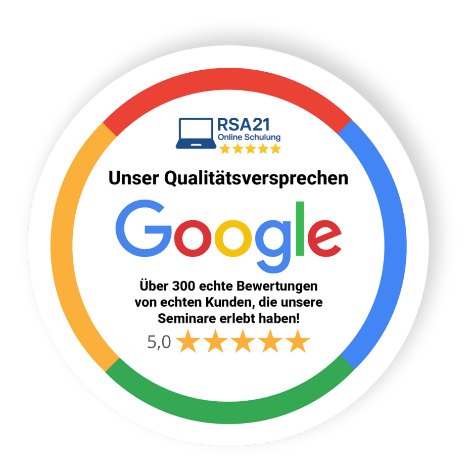 Google Siegel mit 5 Sterne Bewertungen für RSA Online Schulung mit Zufriedenheit